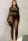 Women Solid Color Sexy Mesh Patchwork See-Through Round Neck Long Sleeve Jumpsuit