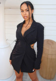 Women'S Fashion Casual Fall Winter Turndown Collar Low Back Blazer Dress