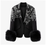 Women Spring Autumn One Button Long Sleeve Turndown Collar Beaded Black Fur Slim Fit Jacket