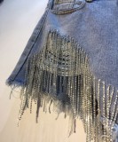 Summer Ripped High Waist Rhinestone Tassel Chain Slim Fit Straight Denim Shorts Women