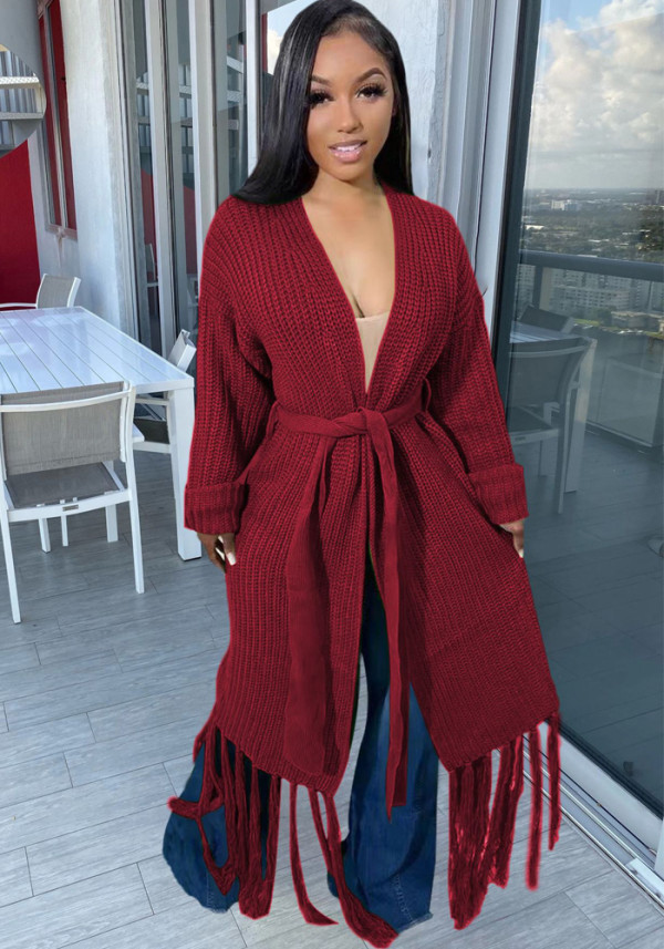 Women Long Sleeve V-Neck Fringed Sweater Jacket