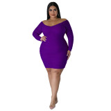 Plus Size Women Fall Off Shoulder Long Sleeve Bodycon Dress