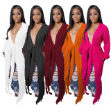 Women Long Sleeve V-Neck Fringed Sweater Jacket