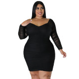Plus Size Women Fall Off Shoulder Long Sleeve Bodycon Dress