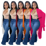 Women Long Sleeve V-Neck Fringed Sweater Jacket