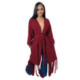 Women Long Sleeve V-Neck Fringed Sweater Jacket