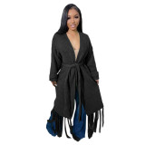 Women Long Sleeve V-Neck Fringed Sweater Jacket