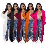 Women Long Sleeve V-Neck Fringed Sweater Jacket