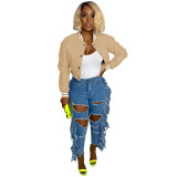WomenCasual Ribbed Collar Pu-Leather Jacket