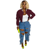 WomenCasual Ribbed Collar Pu-Leather Jacket