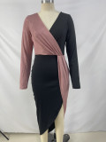 Colorblock Ethnic High Waist Solid Chic Career Midi Dress Long Sleeve Slim Waist Dress