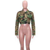 Women'S Long Casual Fashion Camouflage Print Big Pocket Turndown Collar Short Jacket
