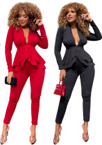 Women'S Solid Color Ruffled Deep V Top And Trousers Two-Piece Suit Women'S Solid Color Ruffled Deep V Top And Trousers Two-Piece Suit