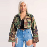 Women'S Long Casual Fashion Camouflage Print Big Pocket Turndown Collar Short Jacket