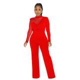 Women mesh See-Through Polka Dot Long Sleeve Jumpsuit