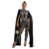 Women Beaded Mesh See-Through Slit Sleeve Jumpsuit