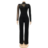 Women mesh See-Through Polka Dot Long Sleeve Jumpsuit