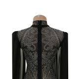 Women Beaded Mesh See-Through Slit Sleeve Jumpsuit