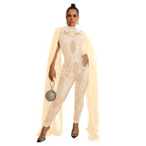 Women Beaded Mesh See-Through Slit Sleeve Jumpsuit