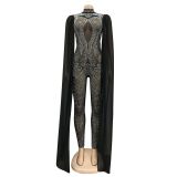 Women Beaded Mesh See-Through Slit Sleeve Jumpsuit