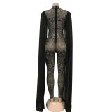 Women Beaded Mesh See-Through Slit Sleeve Jumpsuit