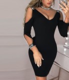 Solid Ripped Off Shoulder Low Back Sexy Low Cut Bodycon Dress