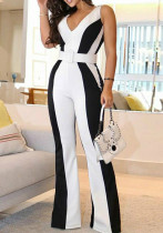 Elegant Black And White Contrast Color V-Neck Sleeveless Slim Women Jumpsuit (Without Belt)