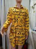Fall Women's Chic Print Cardigan Turndown Collar Loose Shirt Dress