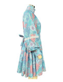 Spring Autumn Women's Fashion Chic Long Sleeve High Neck Swing Print Dress