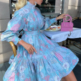 Spring Autumn Women's Fashion Chic Long Sleeve High Neck Swing Print Dress