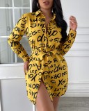 Fall Women's Chic Print Cardigan Turndown Collar Loose Shirt Dress