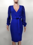 Women'S Fashion Solid Color Lace Lantern Sleeve Slim Midi Bodycon Dress