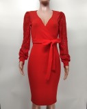 Women'S Fashion Solid Color Lace Lantern Sleeve Slim Midi Bodycon Dress