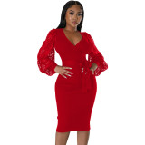 Women'S Fashion Solid Color Lace Lantern Sleeve Slim Midi Bodycon Dress