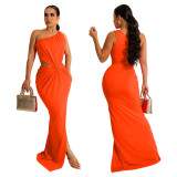Women'S Sexy Open Waist Slash Shoulder Solid Sleeveless Pleated Maxi Dress