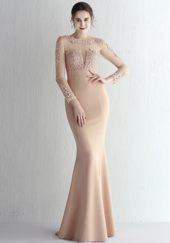 Satin Beaded Lace Patchwork Long Sleeve Bridal Mermaid Formal Evening Dress