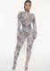 Women'S Mesh Retro Print Mesh Transparent Autumn High Neck Long Sleeve Jumpsuit