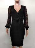 Women'S Fashion Solid Color Lace Lantern Sleeve Slim Midi Bodycon Dress
