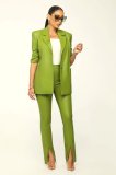 Women'S Pu Leather Turndown Collar Blazer Slit Tight Pants Two Piece Set