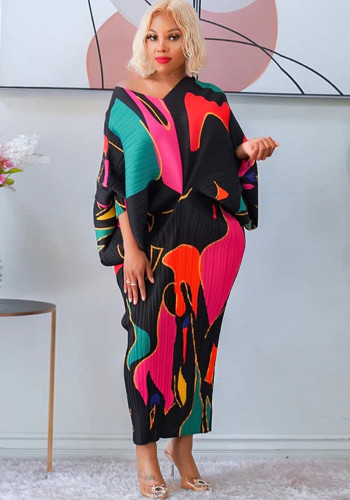 Women'S Fall V-Neck Bat Sleeves Print Dress