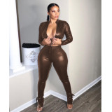 Women'S Fashion Stand Collar Lace-Up Top Lace-Up Leather Two Piece Pants Set