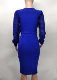 Women'S Fashion Solid Color Lace Lantern Sleeve Slim Midi Bodycon Dress