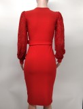 Women'S Fashion Solid Color Lace Lantern Sleeve Slim Midi Bodycon Dress