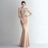 Satin Beaded Lace Patchwork Long Sleeve Bridal Mermaid Formal Evening Dress