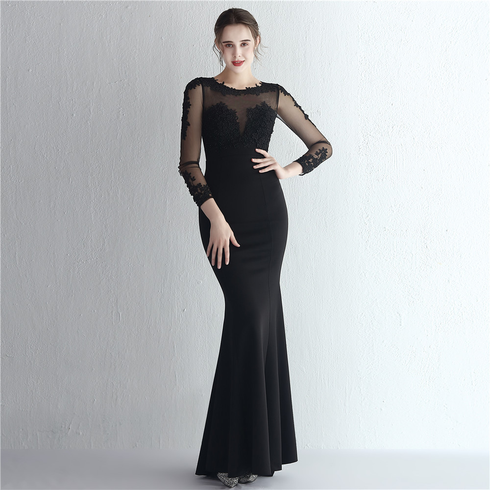 Satin Beaded Lace Patchwork Long Sleeve Bridal Mermaid Formal Evening Dress