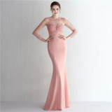Satin Beaded Lace Patchwork Long Sleeve Bridal Mermaid Formal Evening Dress