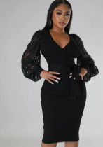 Women'S Fashion Solid Color Lace Lantern Sleeve Slim Midi Bodycon Dress