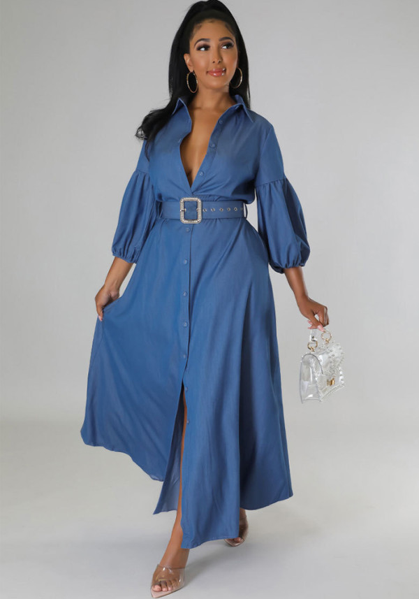 Women Fall Blue Long Sleeved Denim Shirt Dress