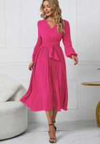 Women Long-Sleeved Pleated Belt V-Neck Dress Women Long-Sleeved Pleated Belt V-Neck Dress