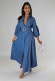Women Fall Blue Long Sleeved Denim Shirt Dress